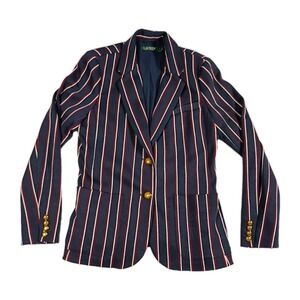 Lauren Ralph Lauren Navy Blue Striped Blazer Jacket Gold Buttons Women's Large